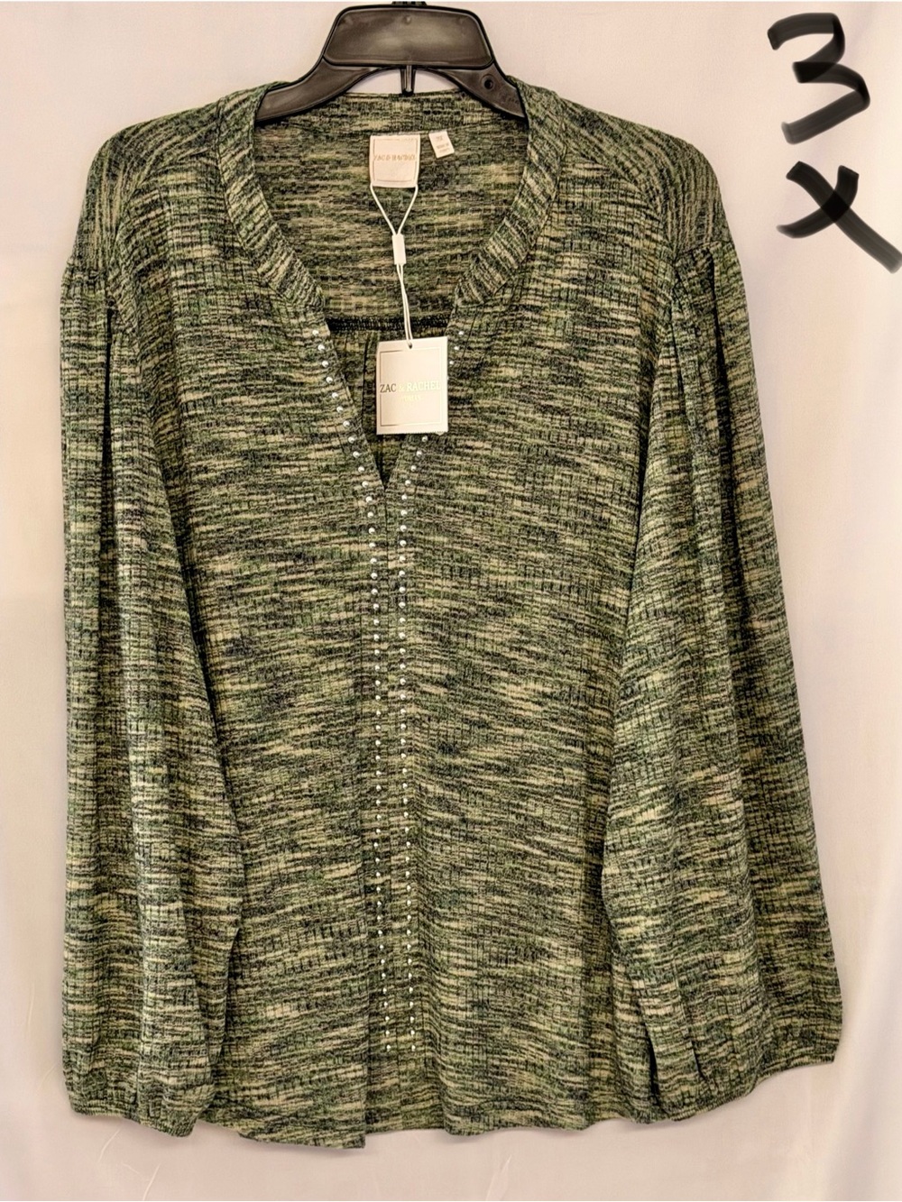 Zac & Rachel Green Marled V-Neck Sweater with Crystal Accents